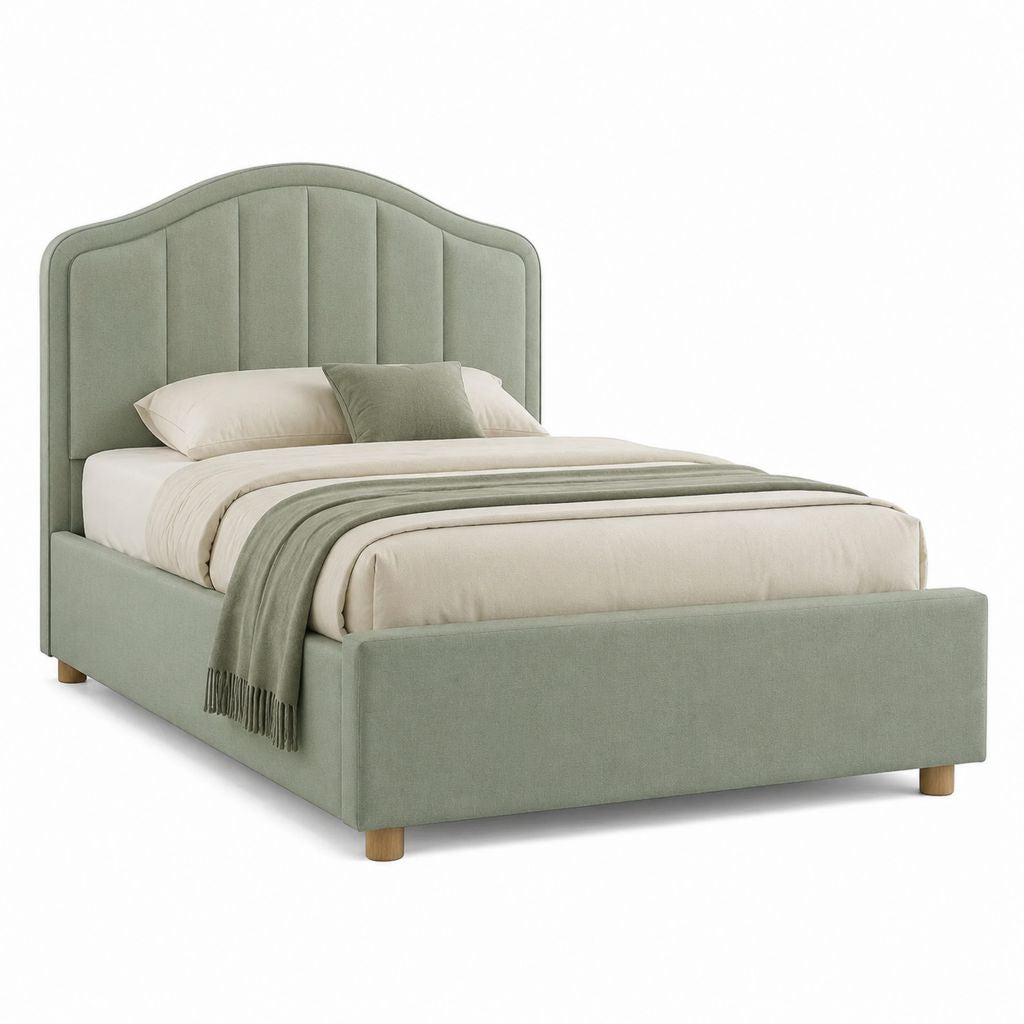 Letto matrimoniale imbottito verde salvia in poliestere con testiera ondulata 160 x 200 cm