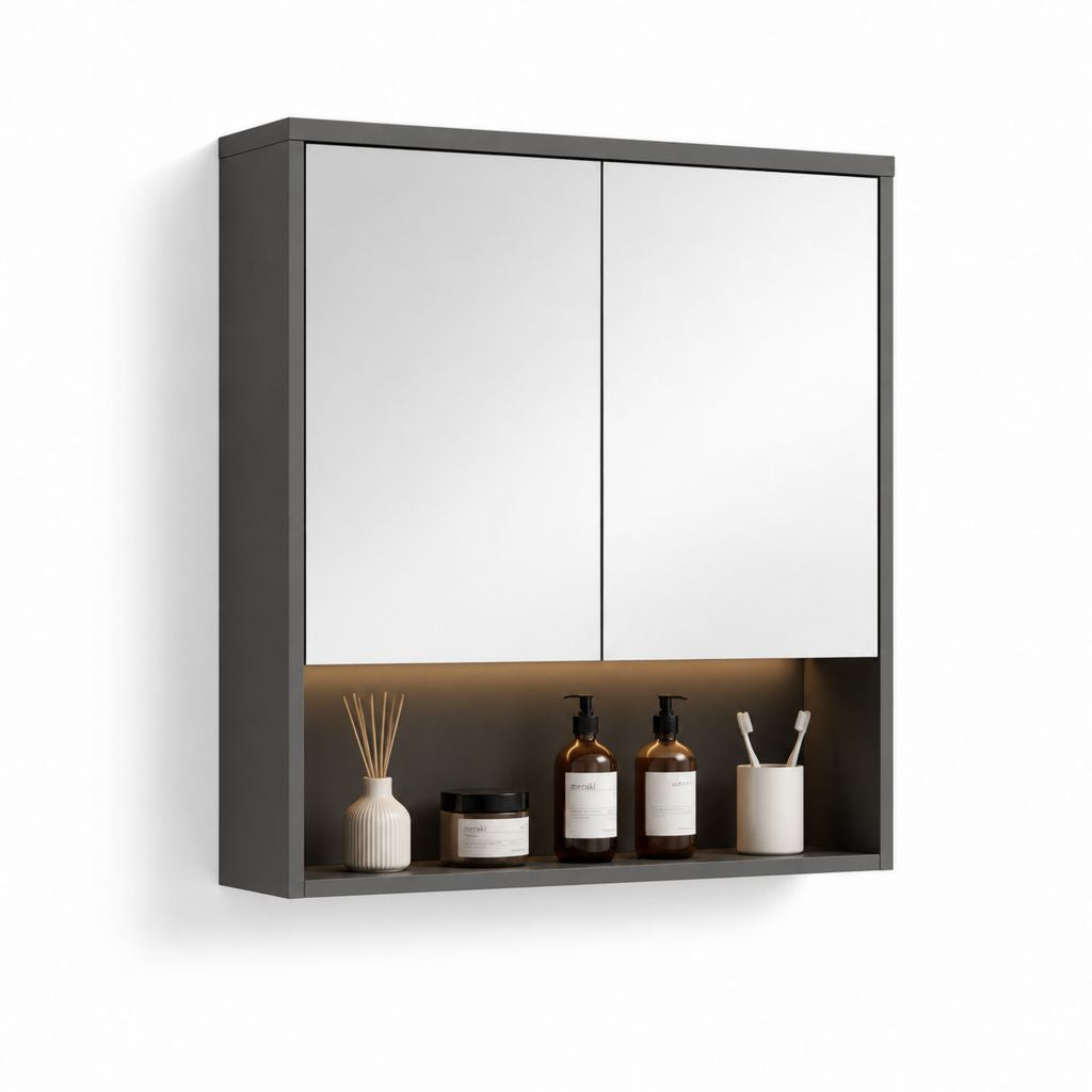 Armadietto bagno con specchio LED grigio antracite in MDF rettangolare 60 x 70 x 15 cm