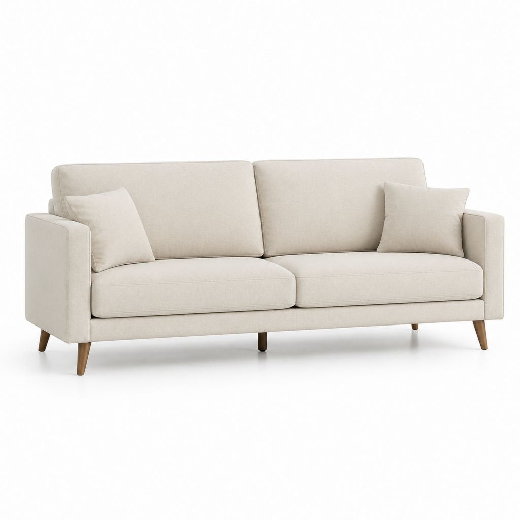 Divano 3 posti beige in poliestere con gambe in legno massello 210 x 90 x 85 cm