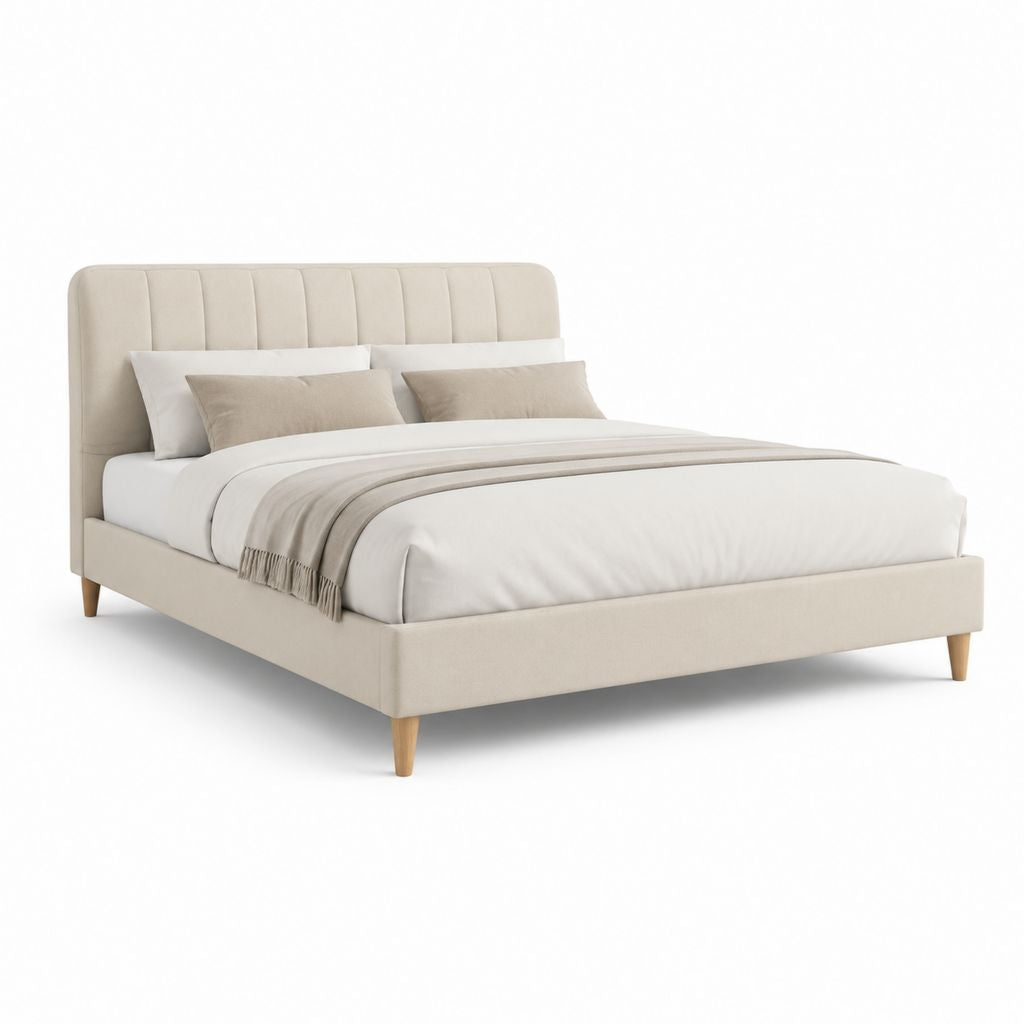 Letto matrimoniale imbottito beige in poliestere con testiera rettangolare 160 x 200 cm