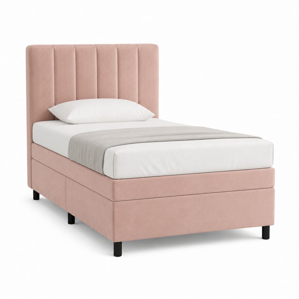 Letto singolo imbottito rosa in velluto di poliestere con testiera verticale 90 x 200 cm