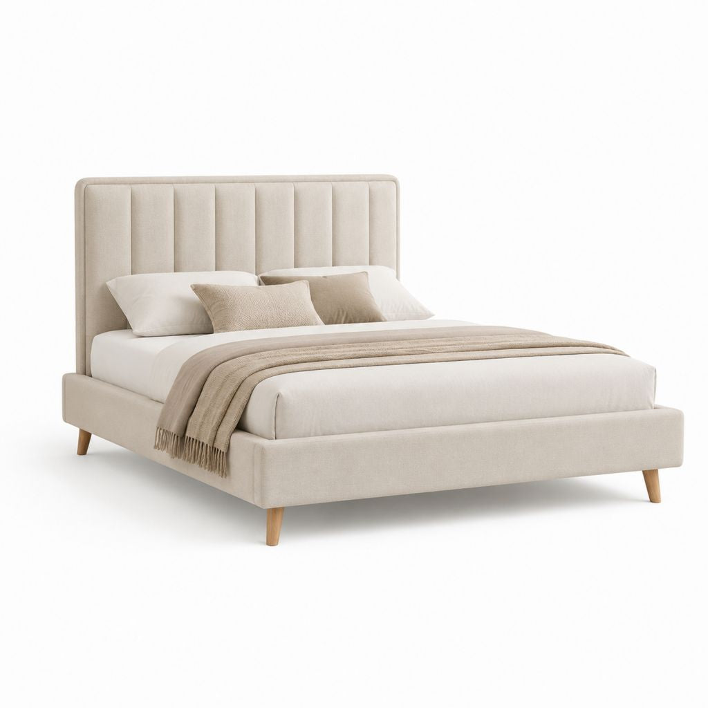 Letto matrimoniale imbottito beige in poliestere con testiera a pannelli 160 x 200 cm