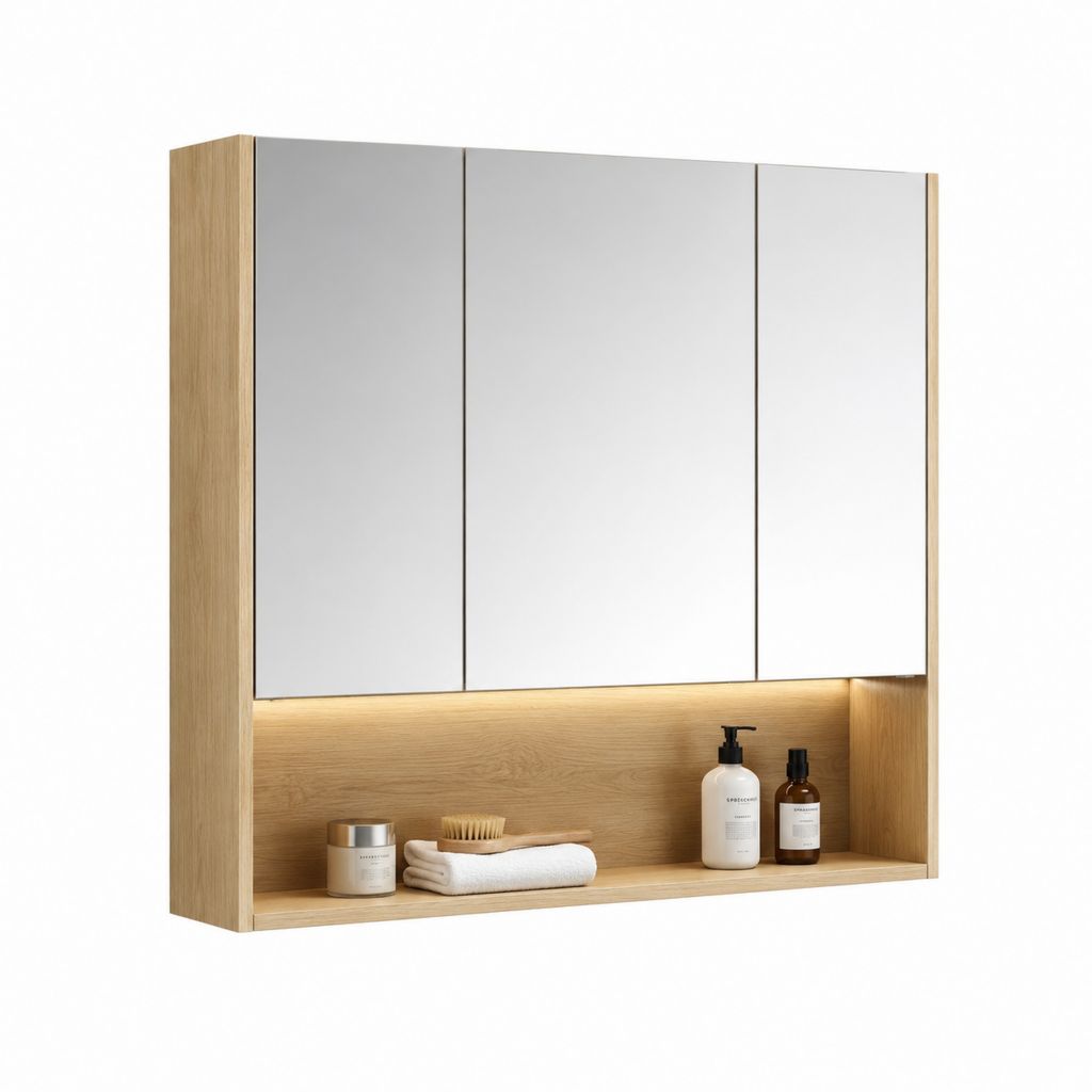 Armadietto bagno con specchio triplo rovere chiaro in MDF 80 x 70 x 15 cm