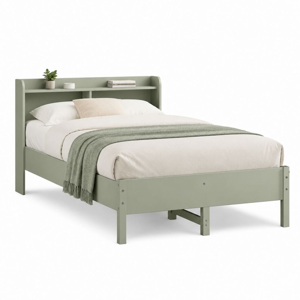 Letto matrimoniale con testiera a mensola verde salvia in pino massello 140 x 190 cm