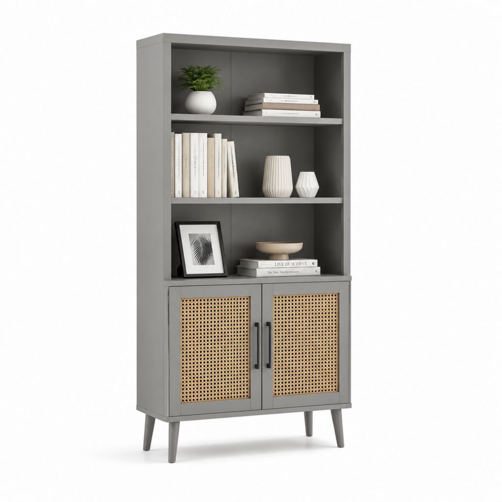 Libreria alta con ante grigio e cannage in rattan 80 x 35 x 180 cm