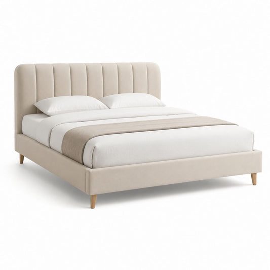 Letto matrimoniale imbottito beige in poliestere con testiera 160 x 200 cm