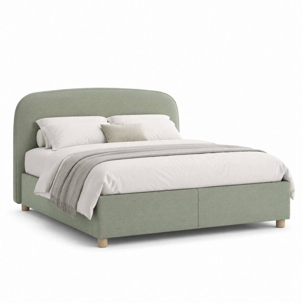Letto matrimoniale imbottito verde salvia in poliestere con testiera arrotondata 160 x 200 cm