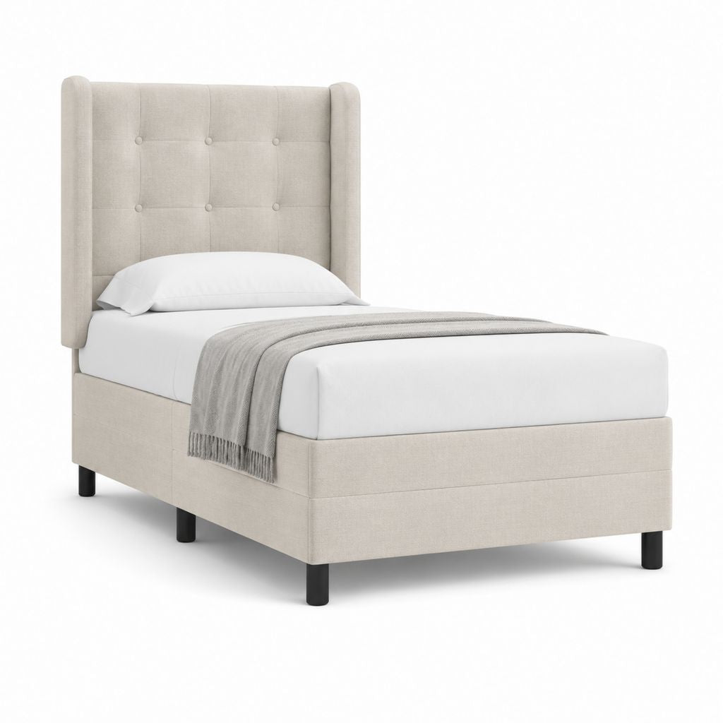 Letto singolo imbottito beige con testiera alta in poliestere 90 x 200 cm