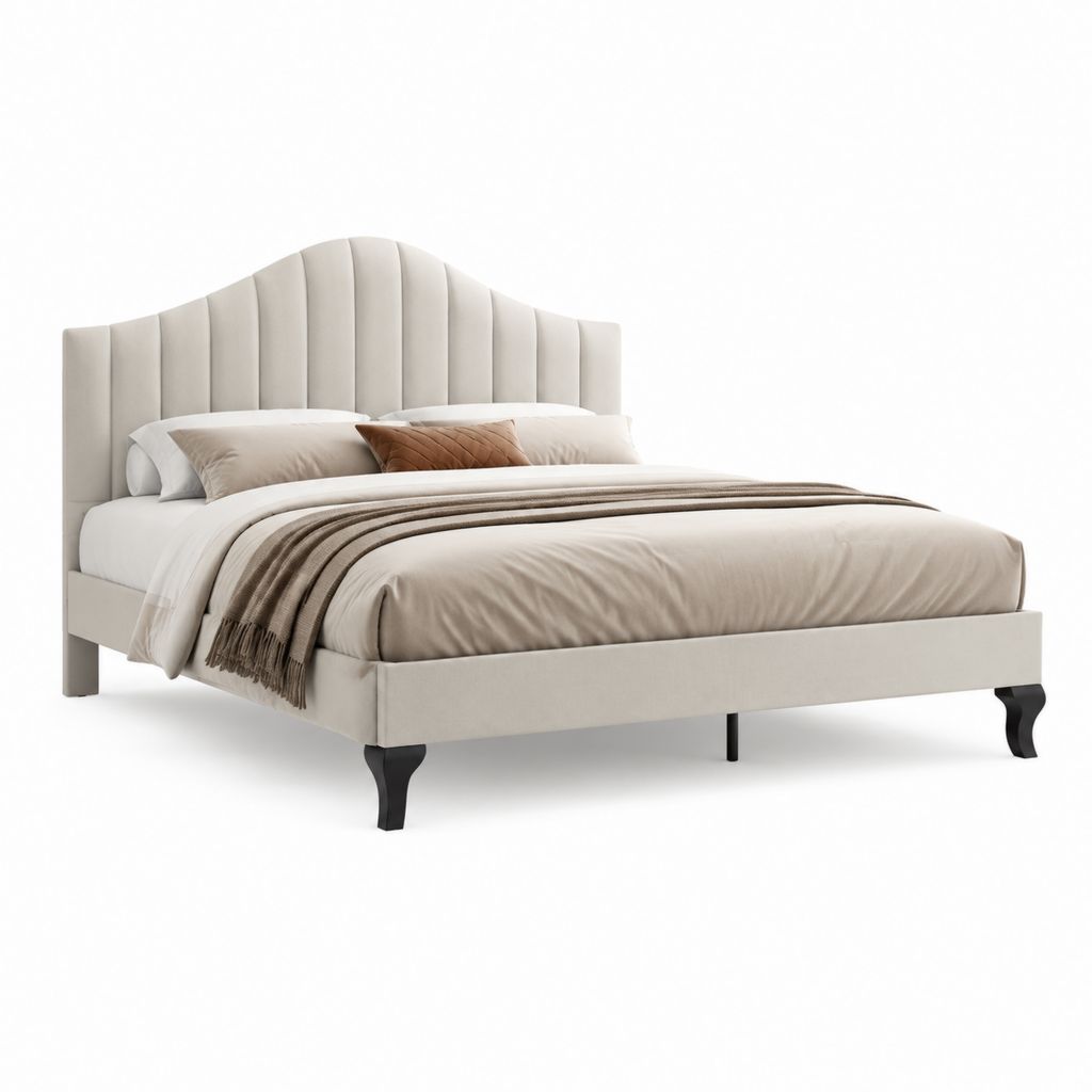 Letto matrimoniale imbottito beige in poliestere con testiera curva 160 x 200 cm