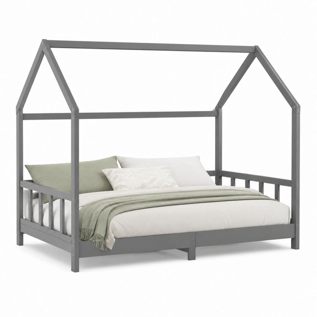 Letto a casetta grigio in pino massello 140 x 200 cm