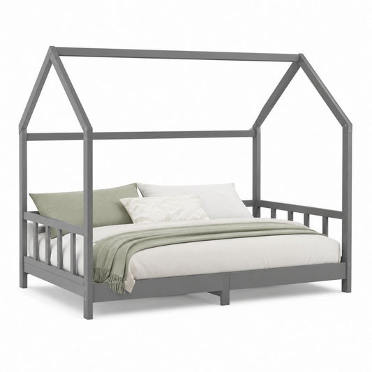 Letto a casetta grigio in pino massello 140 x 200 cm