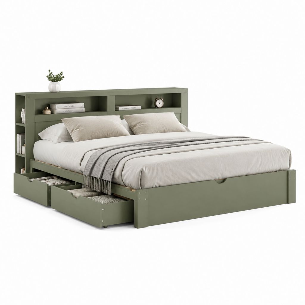 Letto matrimoniale contenitore verde salvia in MDF rettangolare con testiera a mensole e 3 cassetti 160 x 200 cm