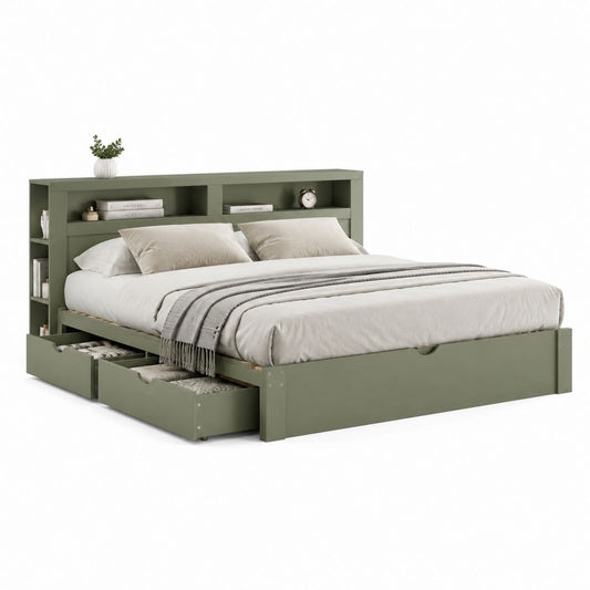 Letto matrimoniale contenitore verde salvia in MDF rettangolare con testiera a mensole e 3 cassetti 160 x 200 cm