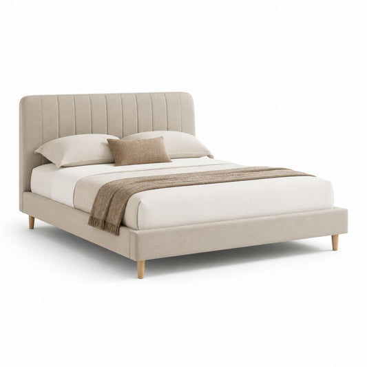 Letto matrimoniale imbottito beige in poliestere con testiera rettangolare 160 x 200 cm