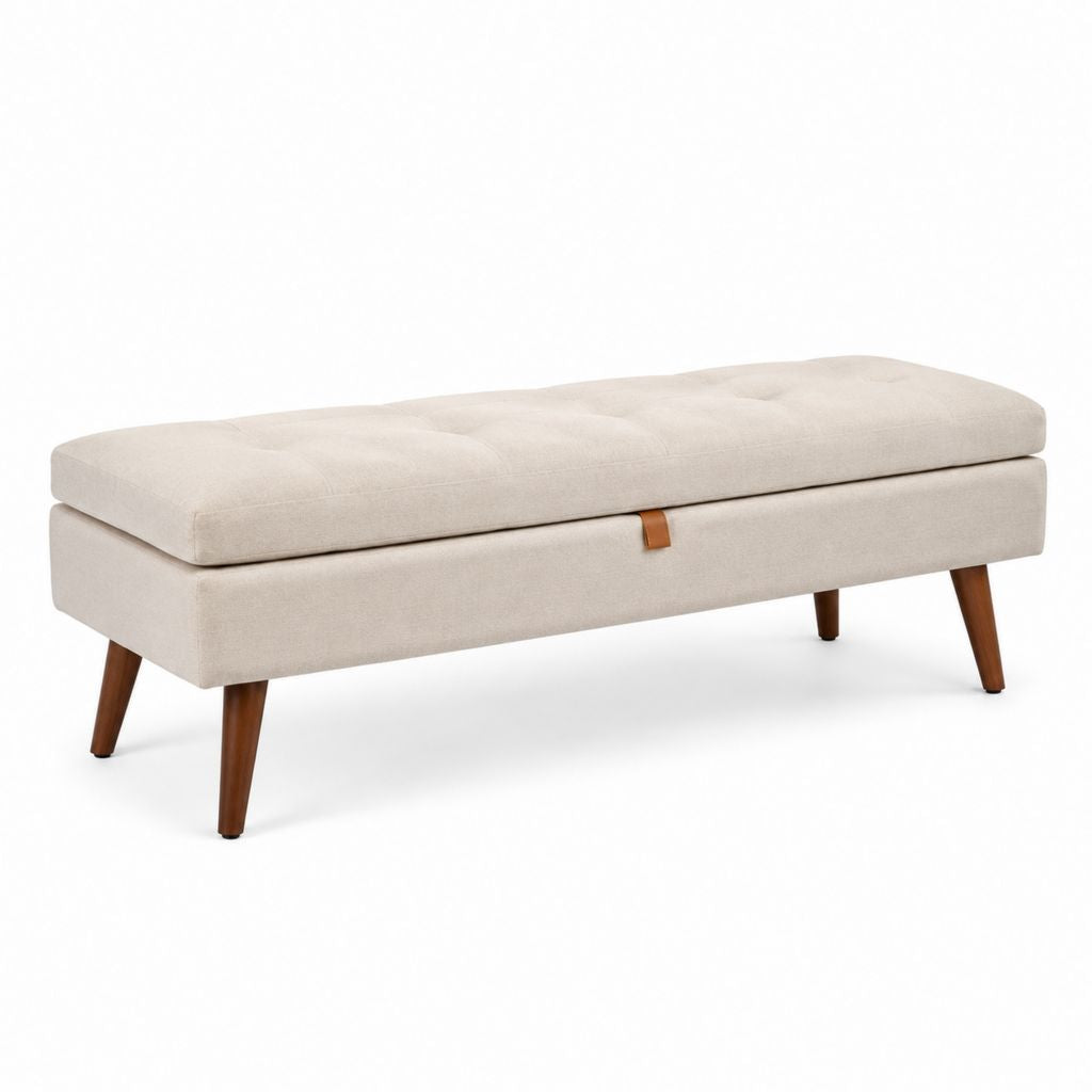 Panca fondoletto contenitore beige in poliestere con gambe in legno massello 120 x 40 x 46 cm