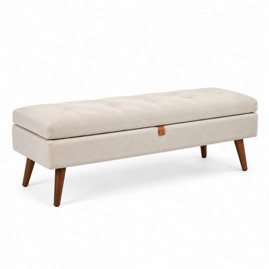 Panca fondoletto contenitore beige in poliestere con gambe in legno massello 120 x 40 x 46 cm