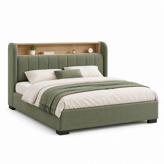 Letto matrimoniale imbottito verde in poliestere con testiera a mensola 160 x 200 cm