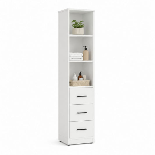Colonna bagno bianca in pannello truciolare nobilitato con 3 cassetti e 3 ripiani 30 x 30 x 180 cm