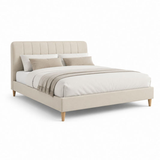 Letto matrimoniale imbottito beige in poliestere con testiera rettangolare 160 x 200 cm
