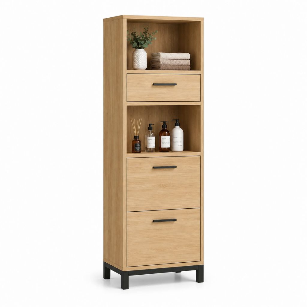 Colonna bagno rettangolare con cassetto e 2 ante rovere in truciolare 45 x 35 x 180 cm
