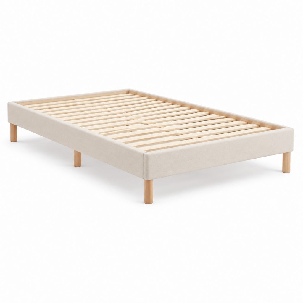 Letto singolo con rete a doghe rettangolare beige in poliestere e legno massello 90 x 200 cm