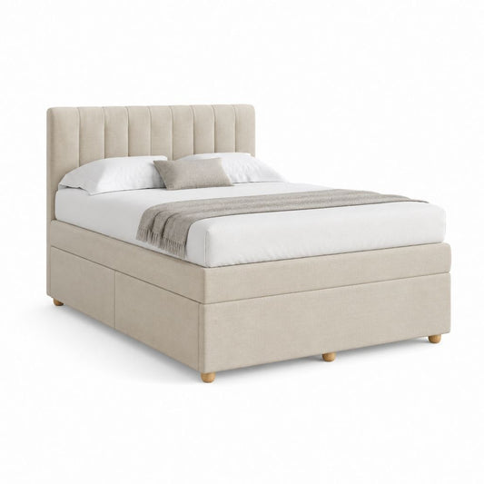 Letto contenitore matrimoniale beige in poliestere 160 x 200 cm con testiera imbottita
