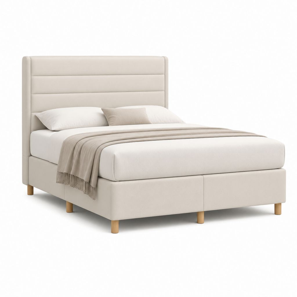 Letto matrimoniale imbottito beige in poliestere con testiera alta e rete a doghe 160 x 200 cm