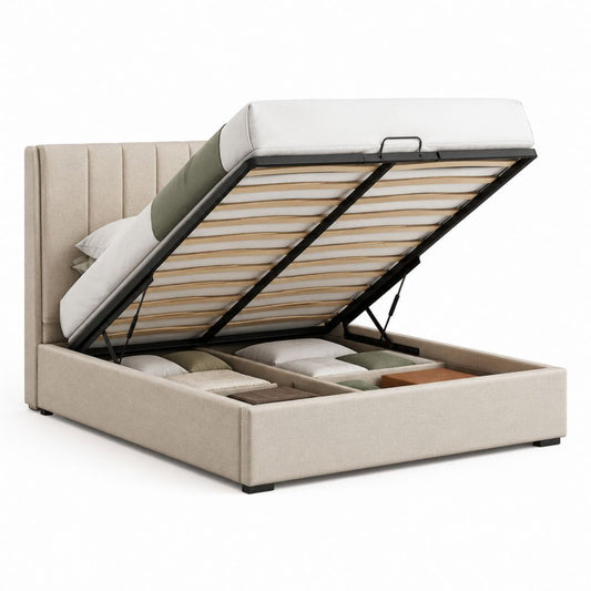 Letto contenitore matrimoniale beige in poliestere 160 x 200 cm con rete a doghe e apertura a gas