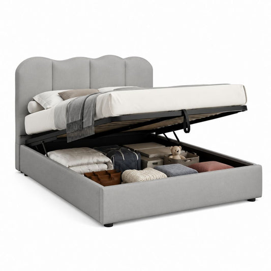 Letto contenitore matrimoniale grigio in poliestere con testiera imbottita 160 x 200 cm