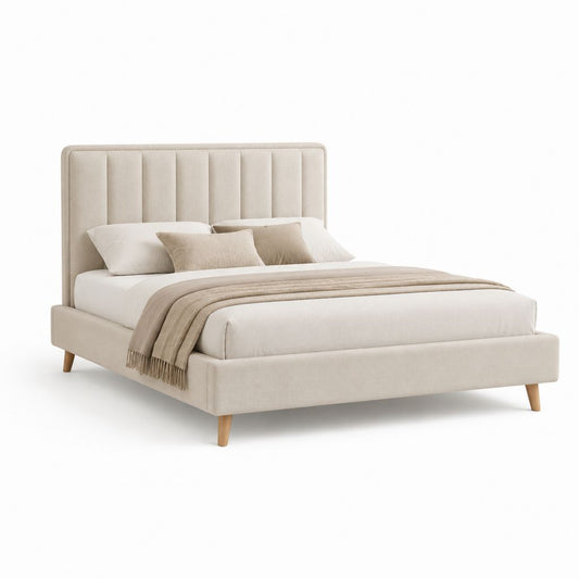Letto matrimoniale imbottito beige in poliestere con testiera a pannelli 160 x 200 cm